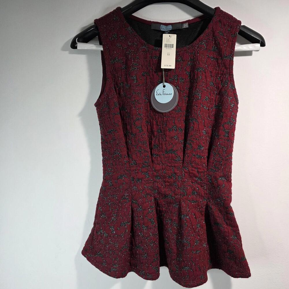 Eva Franco Blouse Women XS Red Metallic Jacquard Sleeveless Fit Flare Party/Glam